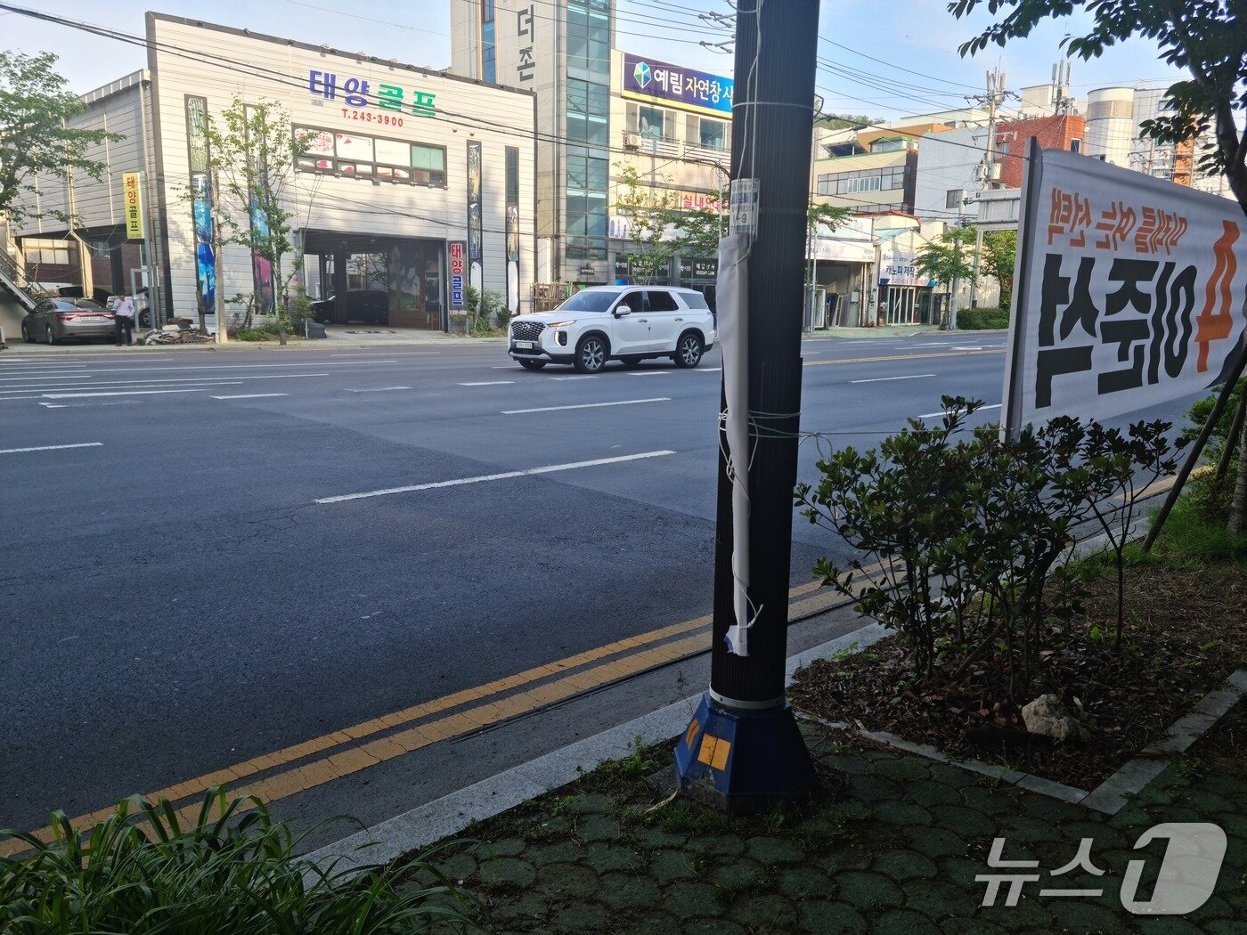 본문 이미지 - 14일 창원시 마산합포구 교방동에 설치된 이재명 더불어민주당 대통령 후보의 선거 현수막을 누군가 찢은 뒤 철거한 모습.(독자 제공. 재판매 및 DB금지)