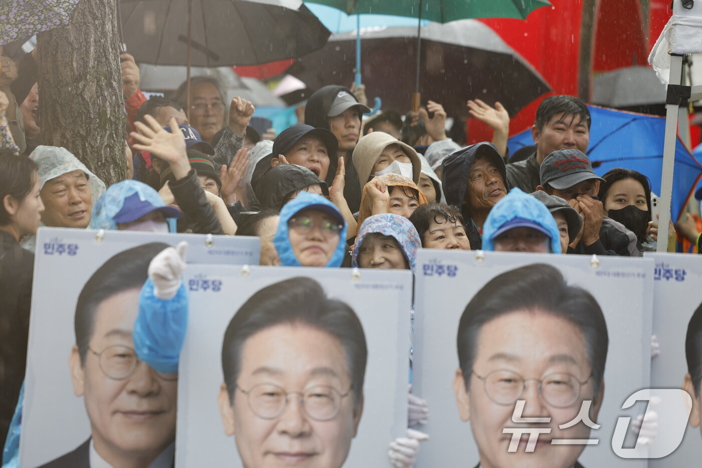 본문 이미지 - 15일 오후 전남 순천시 연향동 패션의 거리에서 이재명 더불어민주당 대통령 후보 지지자들이 이 후보의 연설에 환호하고 있다. 2025.5.15/뉴스1 ⓒ News1 안은나 기자