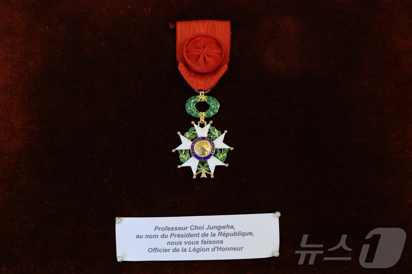 (서울=뉴스1) 신웅수 기자 = 최정화 한국이미지커뮤니케이션연구원 이사장이 15일 오후 서울 서대문구 주한프랑스대사관에서 열린 수훈식에서 받은 '레지옹 도뇌르 오피시에' 훈장.최 …