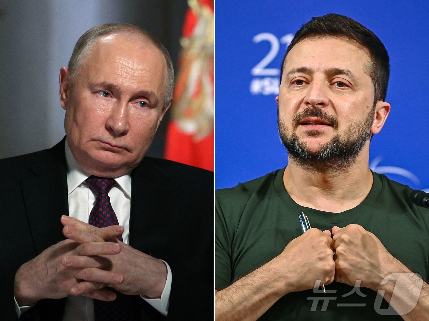 (싱가포르 AFP=뉴스1) 강민경 기자 = 2024년 3월 12일 모스크바 크렘린에서 RIA 노보스티 통신사와 인터뷰 중인 러시아 대통령 블라디미르 푸틴의 모습과, 2024년 6월 …