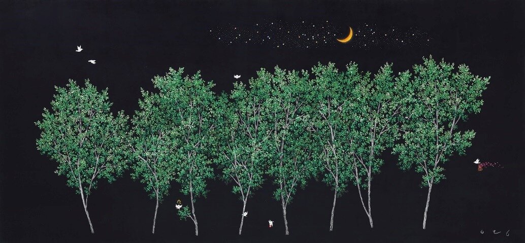 본문 이미지 - 이영지, 포근한 어둠이 찬란해 97X194cm(120호) 장지위에 분채 2025 (선화랑 제공)