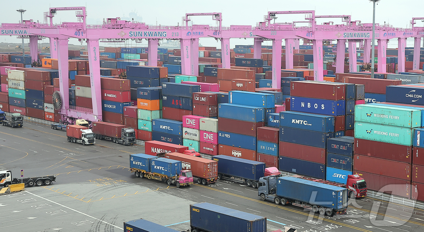 (인천=뉴스1) 김진환 기자 = 16일 인천시 연수구 인천신항에서 컨테이너 상·하역 작업이 이뤄지고 있다.정부는 이날 발간한 '최근 경제동향(그린북)' 5월호에서 내수 회복 지연과 …