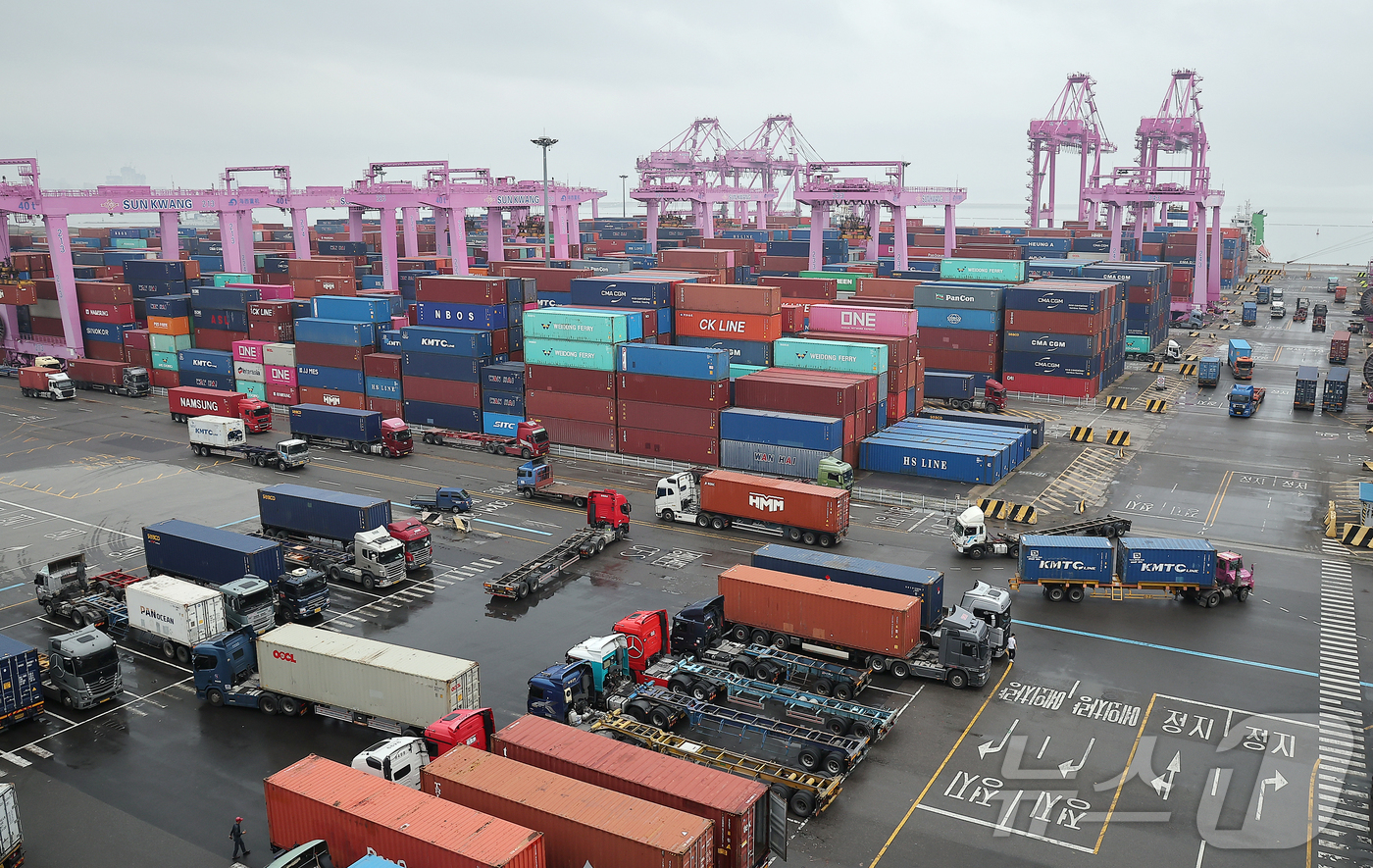 (인천=뉴스1) 김진환 기자 = 16일 인천시 연수구 인천신항에서 컨테이너 상·하역 작업이 이뤄지고 있다.정부는 이날 발간한 '최근 경제동향(그린북)' 5월호에서 내수 회복 지연과 …