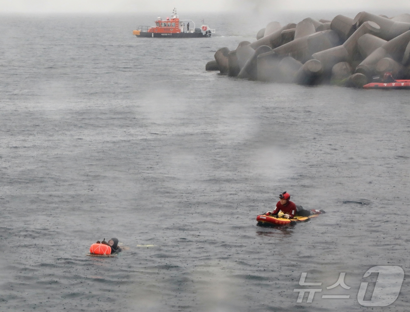 (제주=뉴스1) 홍수영 기자 = 16일 제주시 탑동방파제 앞바다에서 제주 해녀구조대의 첫 해상 구조 훈련이 진행되고 있다. 이날 훈련에는 제주해양경찰서, 제주소방서, 해양재난구조대 …