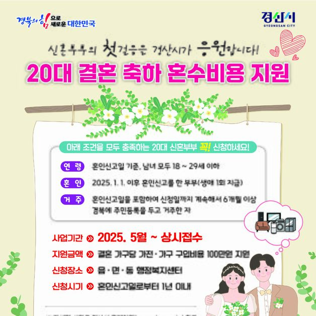 경산시, 20대 신혼부부에 가전·가구 구입비 100만원 지원