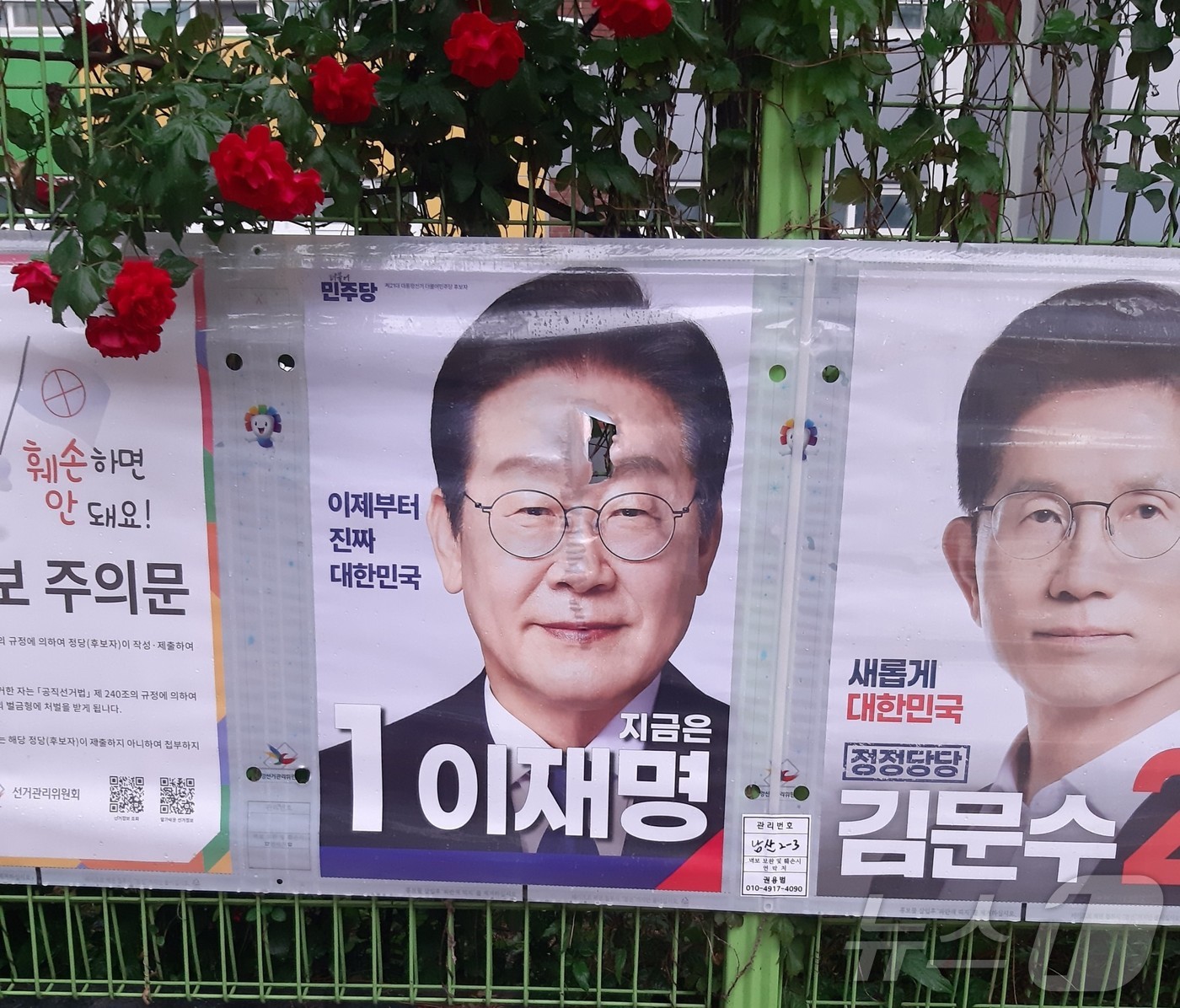 (대구=뉴스1) 이성덕 기자 = 16일 오후 6시30분쯤 대구 중구 남산초 외벽에 설치된 더불어민주당 이재명 대통령 후보의 선거 홍보물이 훼손돼 경찰이 수사에 나섰다.(더불어민주당 …