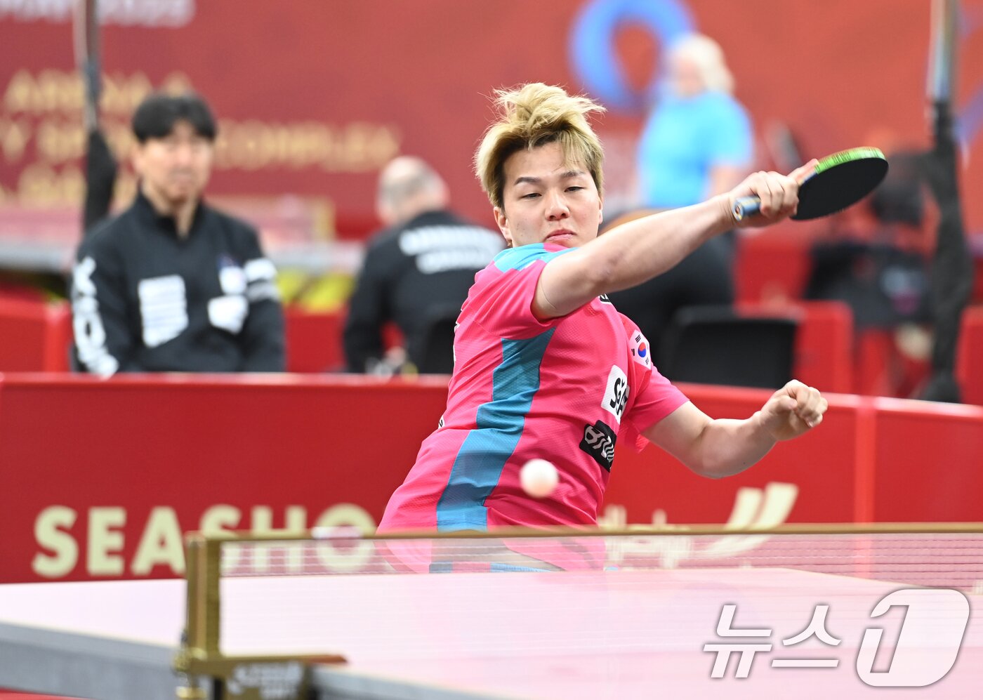 본문 이미지 - 안재현이 19일 카타르 도하 카타르대학교 스포츠 컴플렉스에서 열린 2025 국제탁구연맹&#40;ITTF&#41; 세계선수권대회 남자단식 64강 룩셈부르크 루카 믈라데노비치와 경기를 펼치고 있다. &#40;사진공동취재단&#41; 2025.5.19/뉴스1