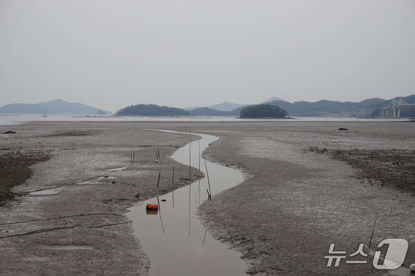 본문 이미지 - 산행리에서 곤우로 넘어가는 길목의 원둑에서 바라 본 갯벌 풍경. 낙조가 아름다운 지역이다. 원둑 바깥은 갯벌이 물고기를 키우고, 안쪽은 간척지가 되어 사람을 키운다. 2025.5.2/뉴스1 ⓒ News1 조영석 기자 