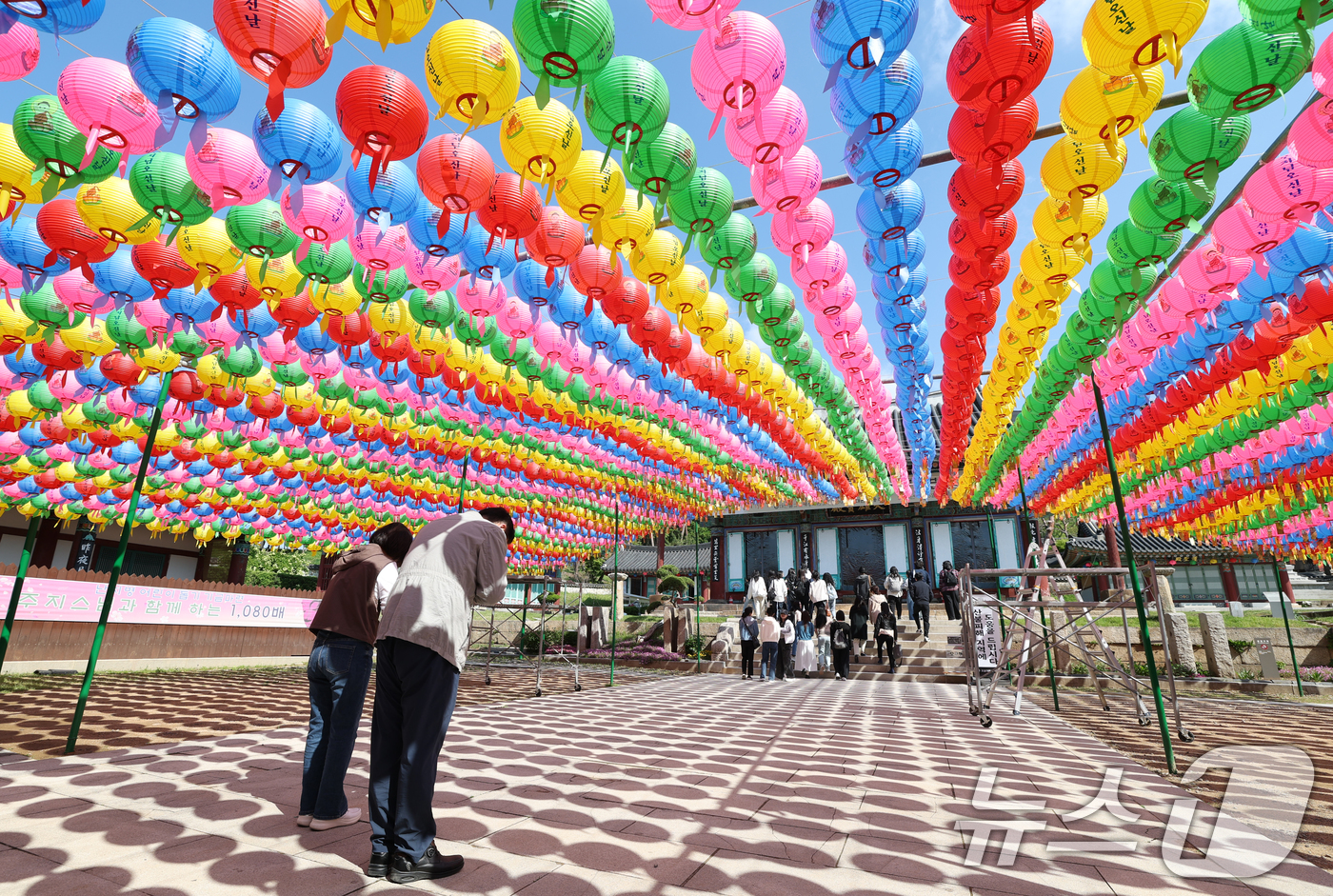 (화성=뉴스1) 김영운 기자 = 부처님 오신 날을 사흘 앞둔 2일 오전 경기 화성시 용주사를 찾은 시민들이 형형색색의 연등을 바라보고 있다. 2025.5.2/뉴스1