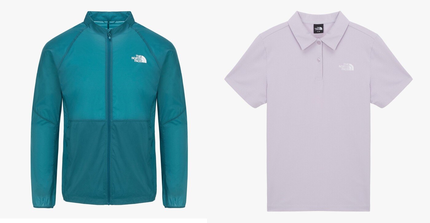 본문 이미지 - 트레일윈드 재킷(왼쪽), 스윙 반팔 폴로티.(노스페이스제공)