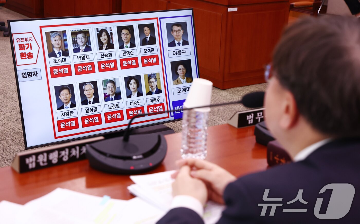 본문 이미지 - 배형원 법원행정처 차장&#40;오른쪽&#41;이 2일 오전 서울 여의도 국회에서 열린 법제사법위원회 전체회의에서 이재명 더불어민주당 대통령 후보 공직선거법 위반 사건과 관련한 대법원의 유죄취지 파기환송 판결 관련 질의에 답변하고 있는 가운데 조희대 대법원장을 비롯한 파기환송에 찬성한 대법관들의 얼굴 사진이 나오고 있다. 2025.5.2/뉴스1 ⓒ News1 김민지 기자