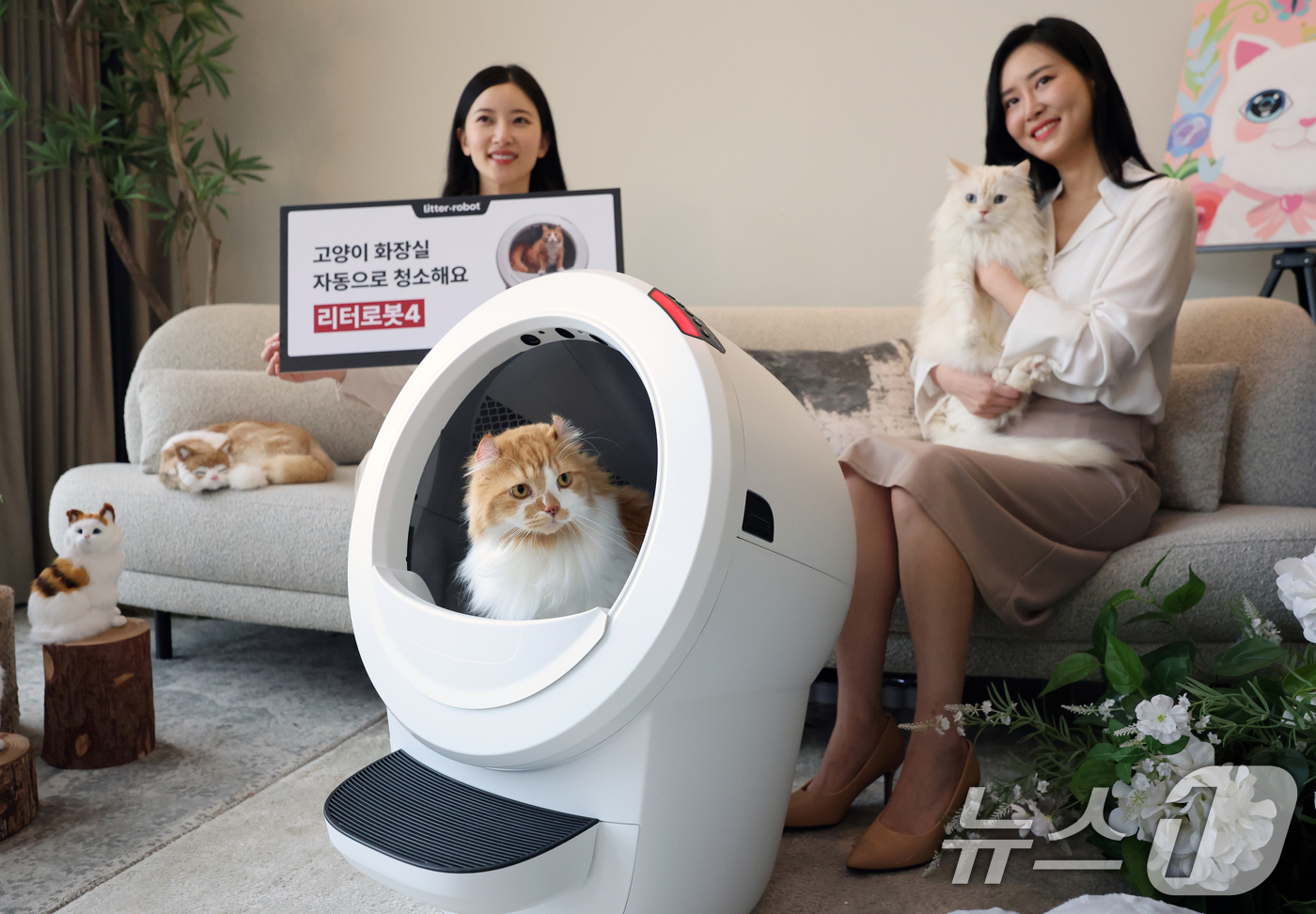 (서울=뉴스1) 황기선 기자 = 20일 오전 서울 강남구 라까사호텔에서 모델들이 고양이 자동 화장실 '리터로봇4'를 소개하고 있다.'리터로봇4'는 고양이가 화장실을 사용 후 일정 …