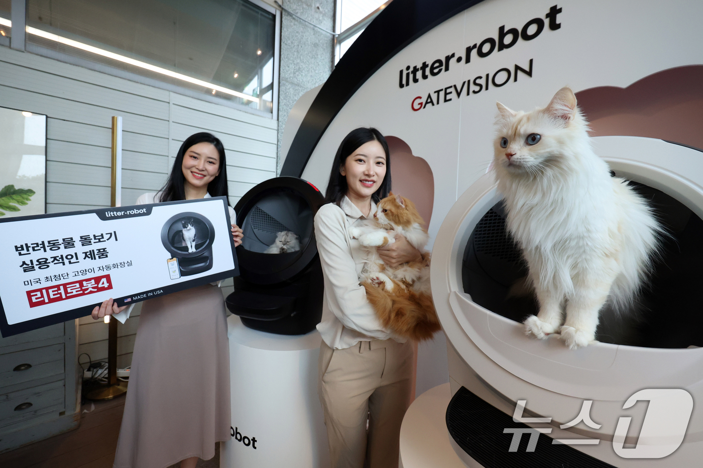 (서울=뉴스1) 황기선 기자 = 20일 오전 서울 강남구 라까사호텔에서 모델들이 고양이 자동 화장실 '리터로봇4'를 소개하고 있다.'리터로봇4'는 고양이가 화장실을 사용 후 일정 …