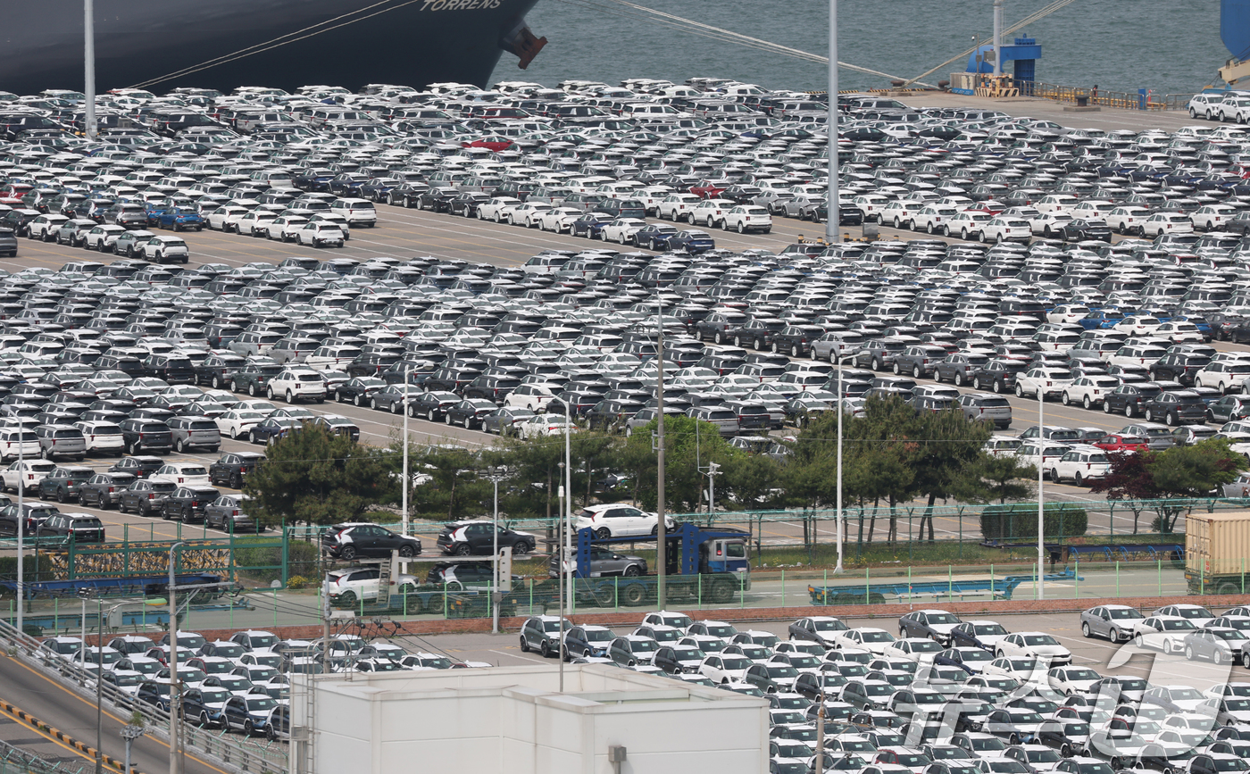 (평택=뉴스1) 김영운 기자 = 20일 경기 평택시 포승읍 평택항 자동차전용부두에 수출용 차량들이 세워져 있다.산업통장자원부가 이날 발표한 '2025년 4월 자동차산업 동향'에 따 …