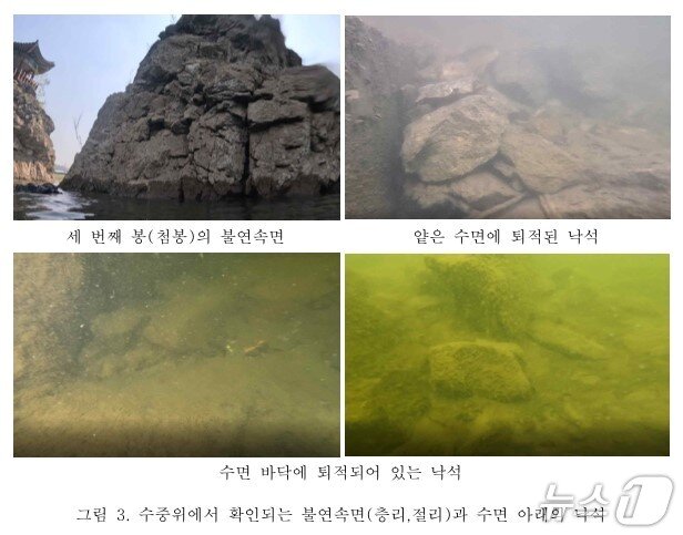 본문 이미지 - 단양 도담삼봉 수중에서 확인된 불연속면과 낙석.(단양군 제공. 재판매 및 DB금지)/뉴스1 