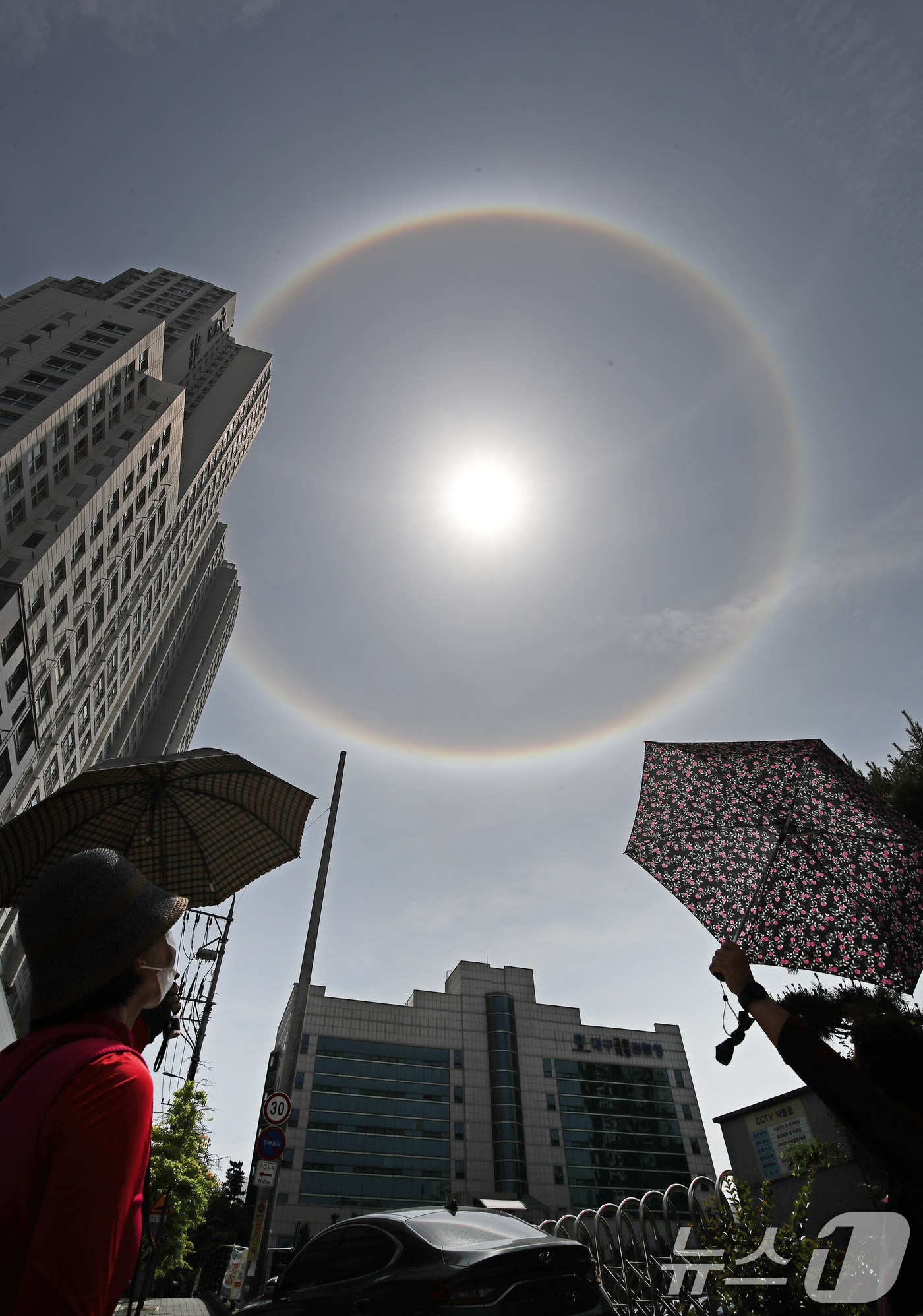 (대구=뉴스1) 공정식 기자 = 21일 오전 대구 수성구 범어동 대구지방법원 주변 하늘에 햇무리 현상이 나타나고 있다. 2025.5.21/뉴스1