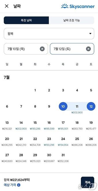 본문 이미지 - 스카이스캐너에서 &#39;특정 날짜&#39;를 눌러 평균가보다 저렴한 날짜를 확인할 수 있다&#40;스카이스캐너 제공&#41;