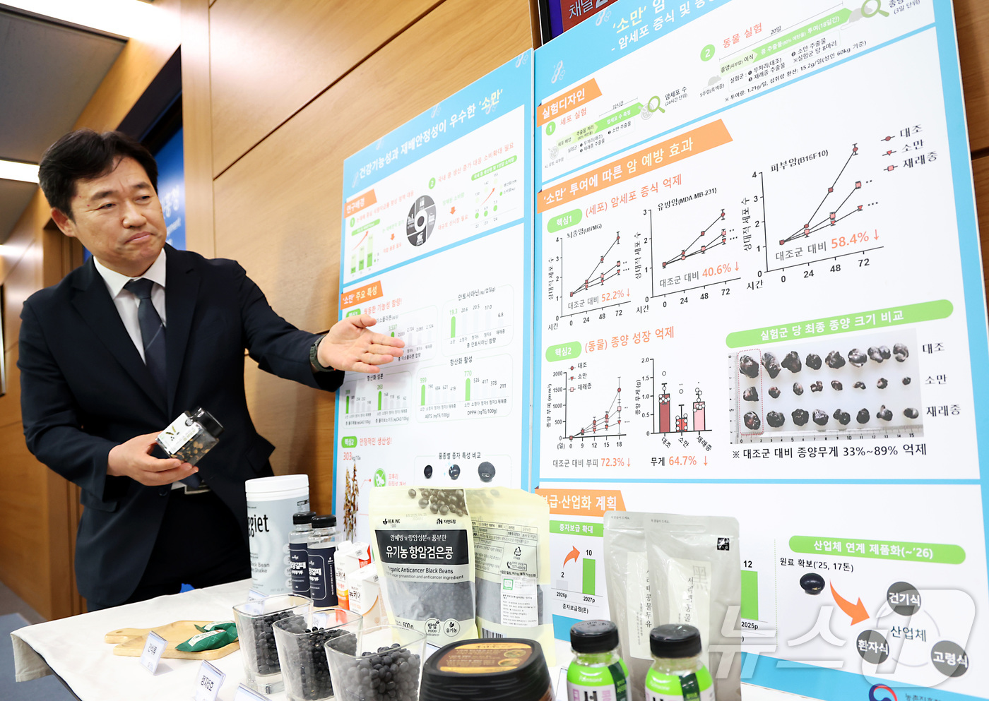 (세종=뉴스1) 김기남 기자 = 곽도연 농촌진흥청 국립식량과학원장이 21일 세정시 정부세종청사 농림축산식품부에서 농촌진흥청이 개발한 고기능성 검정콩 신품종 '소만'에 대해 설명하고 …