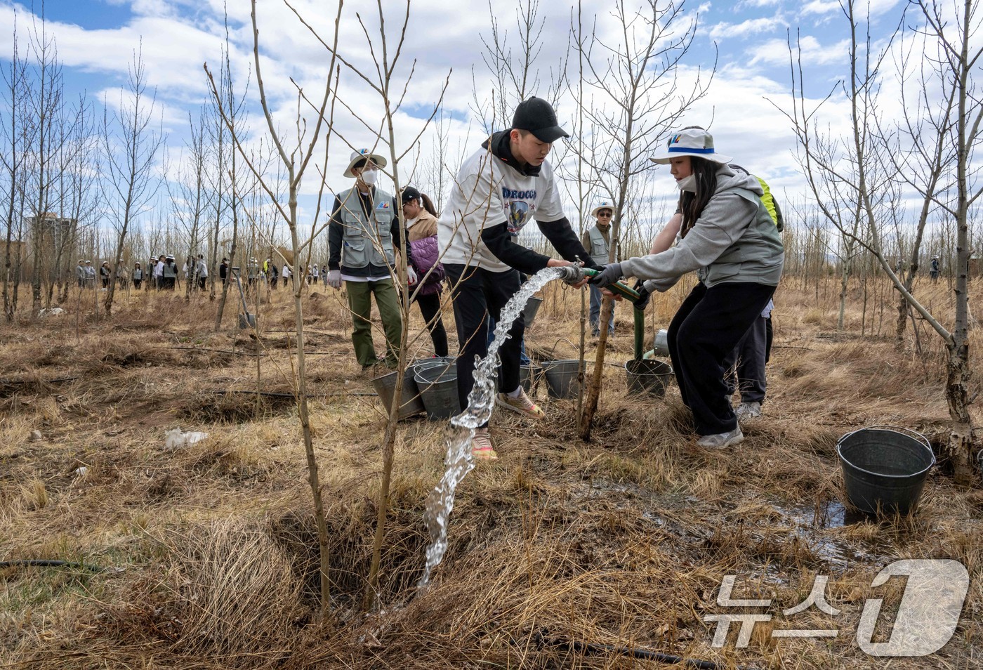 (울란바타르(몽골)=뉴스1) 이승배 기자 = 대한항공과 아시아나항공 임직원들이 지난 20일 몽골 울란바타르시 바가노르구에 위치한 대한항공 숲에서 식림 활동을 하고 있다.올해는 대한 …