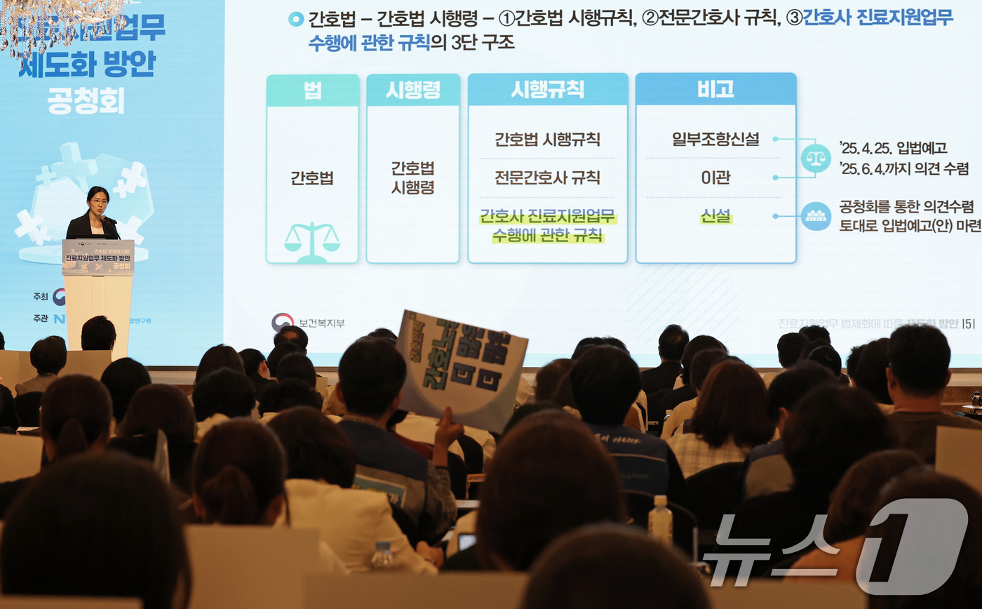 (서울=뉴스1) 오대일 기자 = 21일 오후 서울 용산구 피스앤파크컨벤션에서 간호법 제정에 따른 진료지원업무 제도화 방안 공청회가 열리고 있다. 2025.5.21/뉴스1