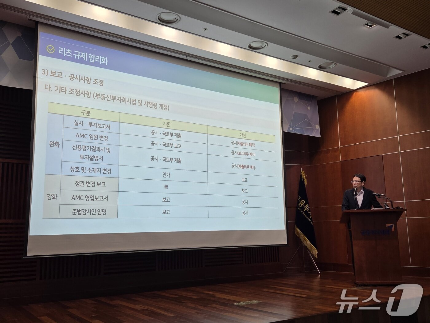 본문 이미지 - 21일 서울 여의도 금융투자협회에서 열린 리츠 및 PF 정책 설명회에서 국토부 관계자가 발언하고 있다./뉴스1 ⓒ News1 황보준엽 기자