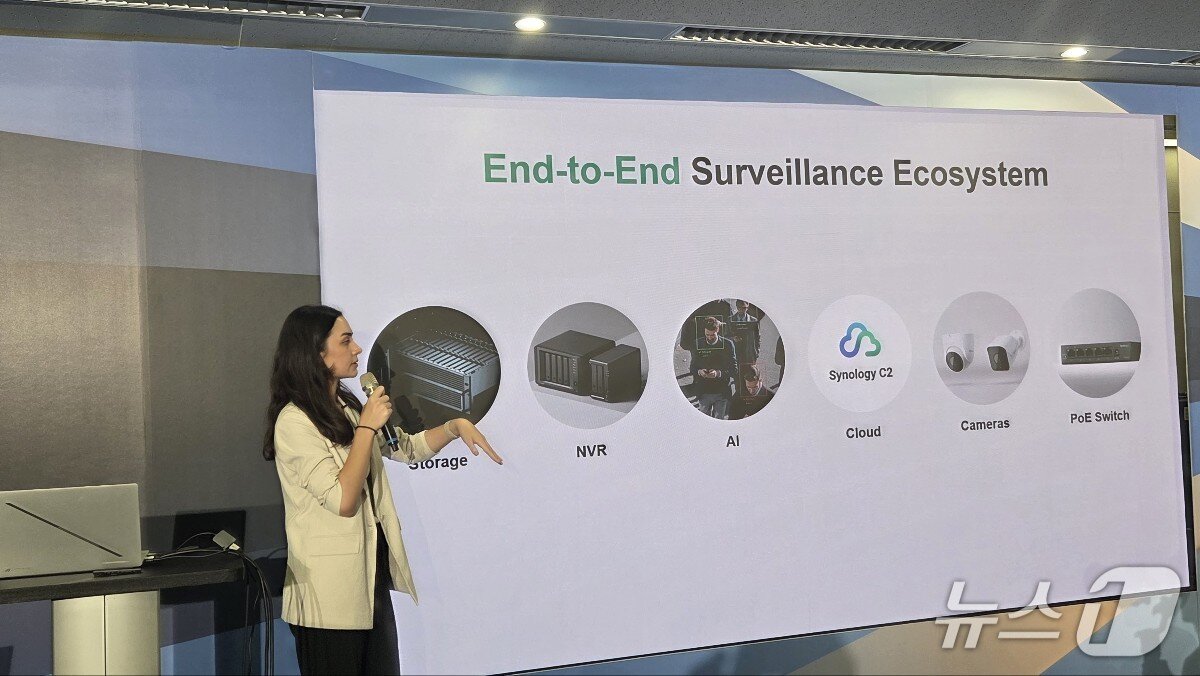 본문 이미지 - 캐서린 장&#40;Katherine Chiang&#41; 시놀로지 마케팅 매니저가 컴퓨텍스 2025 시놀로지 클라우드 기반 VSaaS 플랫폼 C2 Surveillance Station 발표 미디어 이벤트에서 발언하고 있다. 2025.5.21뉴스1 ⓒ News1 김민석 기자