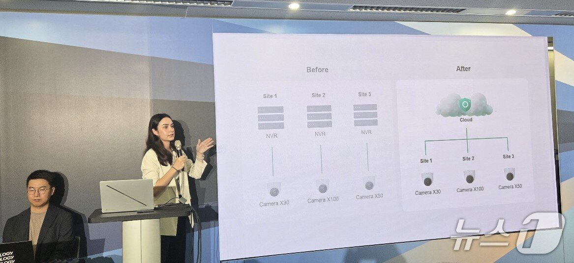 본문 이미지 - 캐서린 장&#40;Katherine Chiang&#41; 시놀로지 마케팅 매니저가 컴퓨텍스 2025 시놀로지 클라우드 기반 VSaaS 플랫폼 C2 Surveillance Station 발표 미디어 이벤트에서 발언하고 있다. 2025.5.21뉴스1 ⓒ News1 김민석 기자
