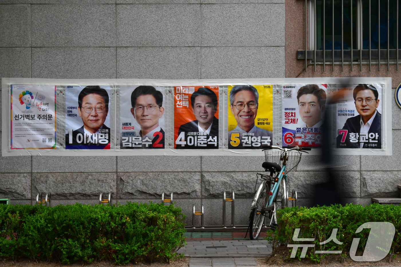 (포항=뉴스1) 최창호 기자 = 2025 대통령 선거를 12일 앞둔 22일 오전 츨근길에 나선 시민이 경북 포항시 남구 대잠동 행정복지센터 벽에 붙어 있는 대통령후보 선거 벽보 앞 …