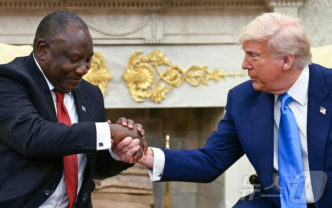 (워싱턴 AFP=뉴스1) 우동명 기자 = 도널드 트럼프 미국 대통령이 21일(현지시간) 워싱턴 백악관에서 시릴 라마포사 남아프리카 공화국 대통령과 정상 회담 중 악수를 하고 있다. …