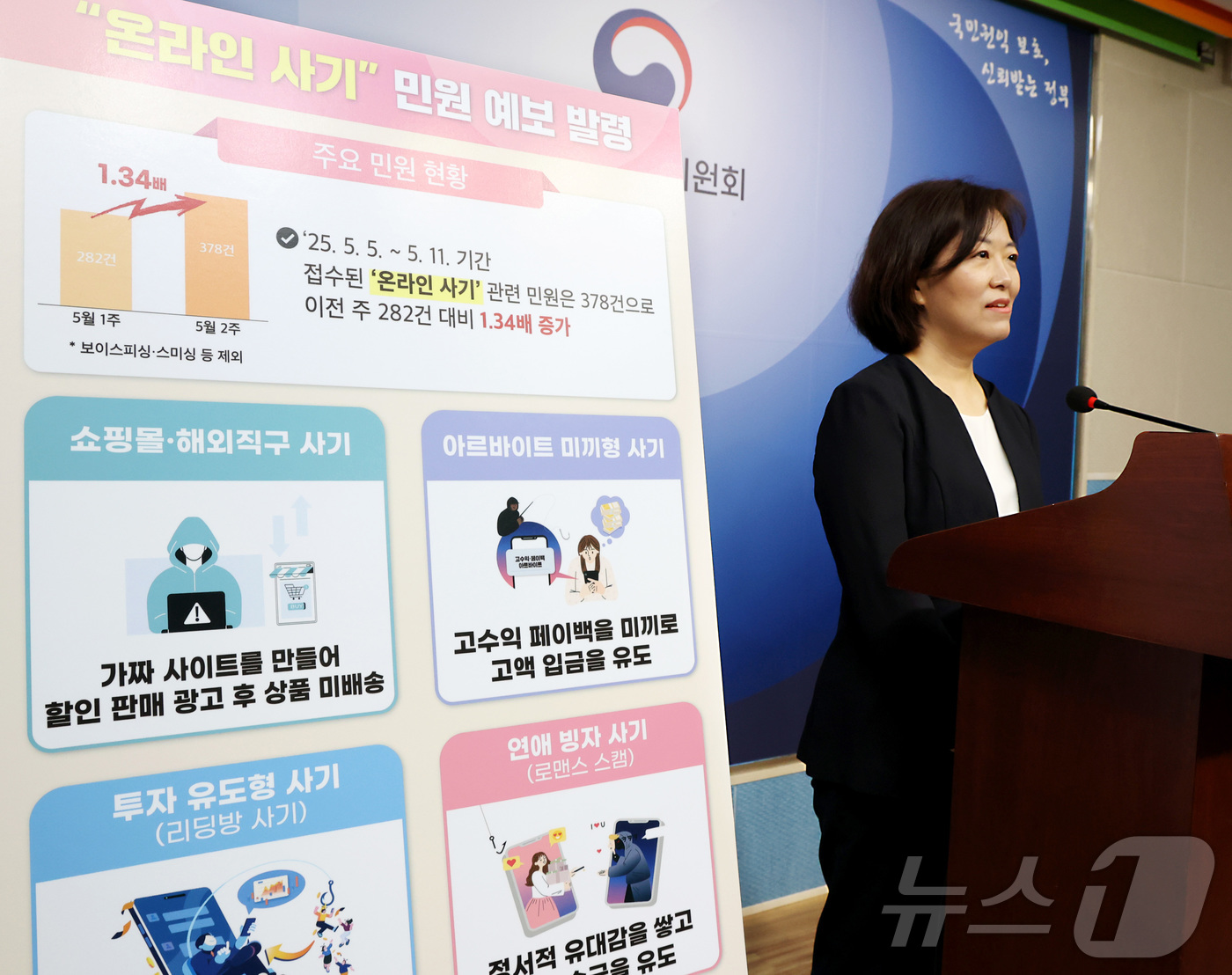 (세종=뉴스1) 김기남 기자 = 박은령 국민권익위원회 민원정보분석과장이 22일 세종시 정부세종청사에서 사이버 신종 사기 관련 수시 민원예보 발령 내용을 발표하고 있다.국민권익위원회 …