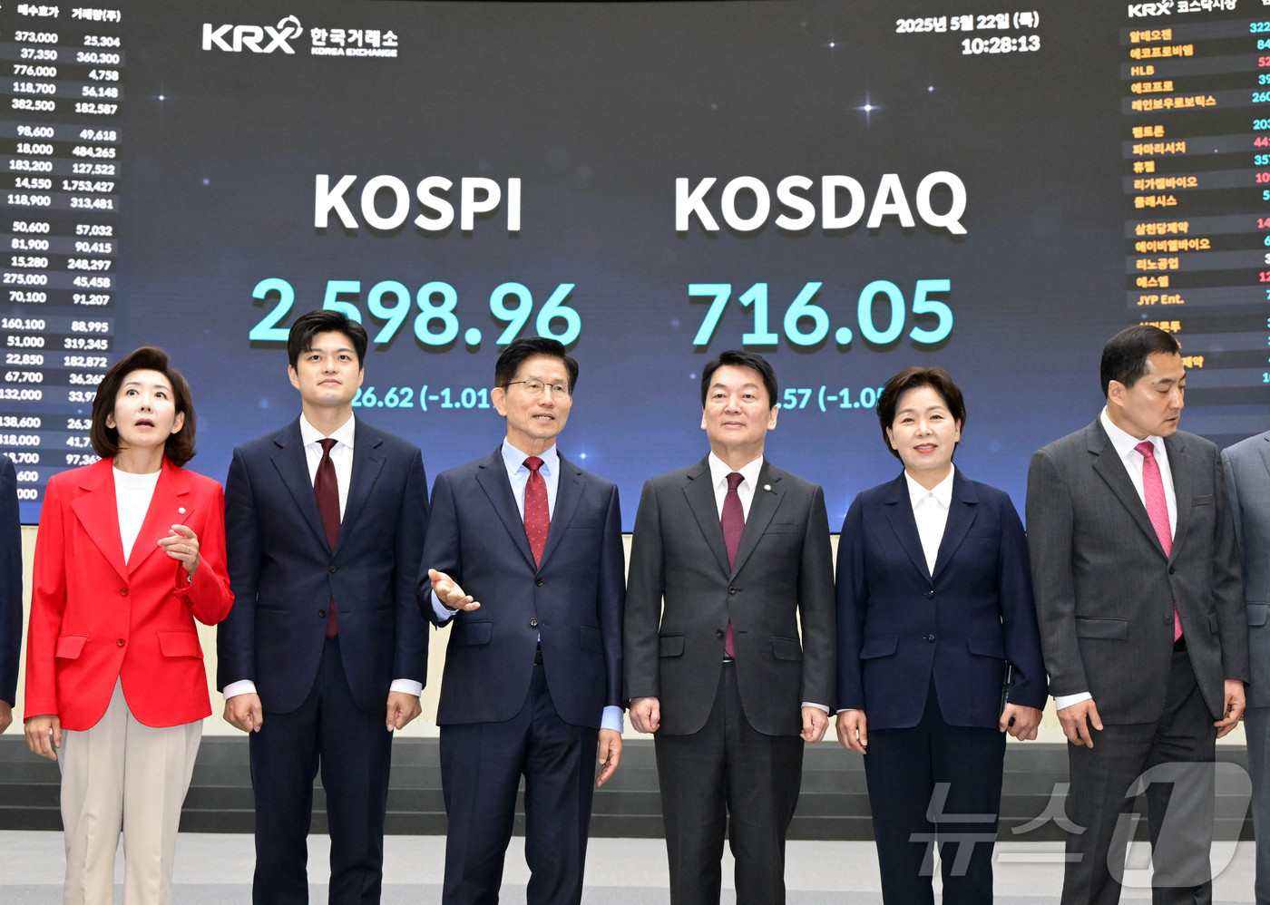 (서울=뉴스1) 김민지 기자 = 국민의힘 김문수 대통령 후보와 중앙선거대책위원들이 22일 서울 여의도 한국거래소에서 열린 중앙선거대책위원회 현장 회의를 마친 뒤 주식시황이 표시되는 …