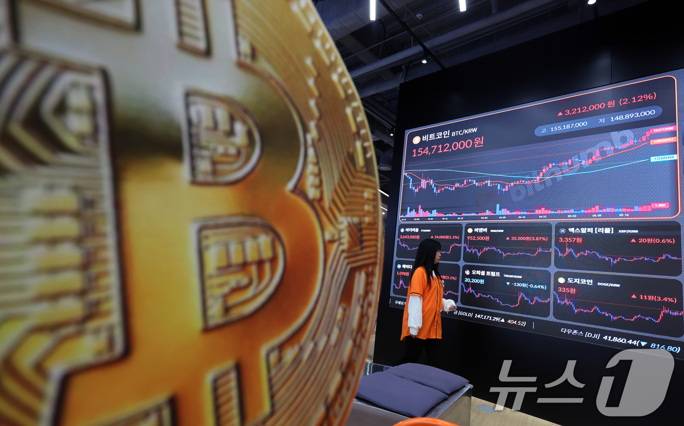 (서울=뉴스1) 황기선 기자 = 22일 서울 서초구 빗썸라운지 전광판에 비트코인 등 가상자산 시세가 표시되고 있다.이날 비트코인은 글로벌 코인 시황 중계사이트인 코인마켓캡에서 오전 …