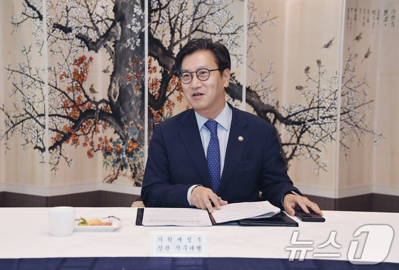 (서울=뉴스1) = 김범석 기획재정부 장관 직무대행 1차관이 22일 서울 종로구 정부서울청사에서 열린 '제5차 통상현안 관련 범정부 국내대응 전담반 회의'를 주재하고 있다. (기획 …