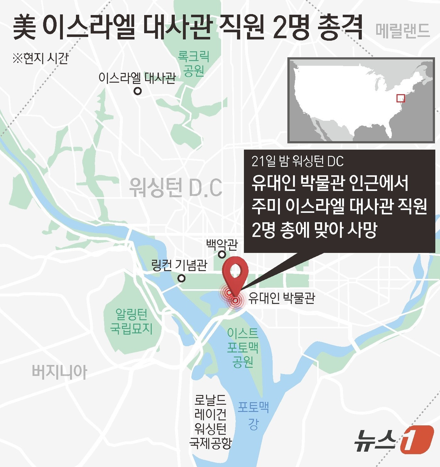 (서울=뉴스1) 김초희 디자이너 = 주미 이스라엘 대사관 직원 2명이 21일(현지시간) 워싱턴 DC에 있는 '수도 유대인 박물관' 인근에서 총에 맞아 사망했다고 로이터 및 AFP통 …