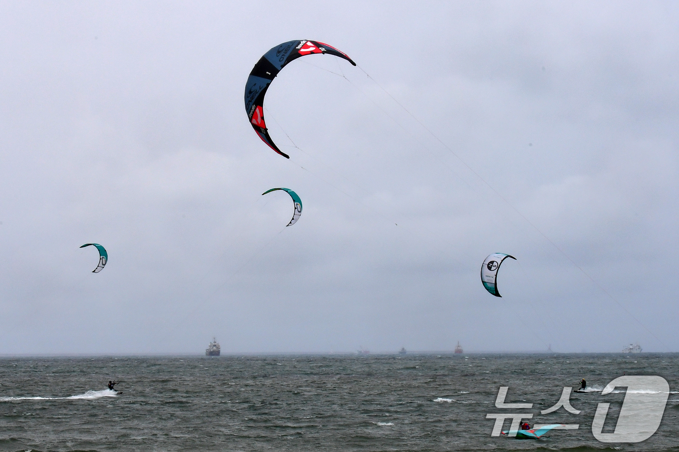 (포항=뉴스1) 최창호 기자 = 24일 오후 경북  포항시 송도해수욕장에서 카이트보드 동호인들이 바람을 가르며 수면 위를 질주하고 있다. 2025.5.24/뉴스1