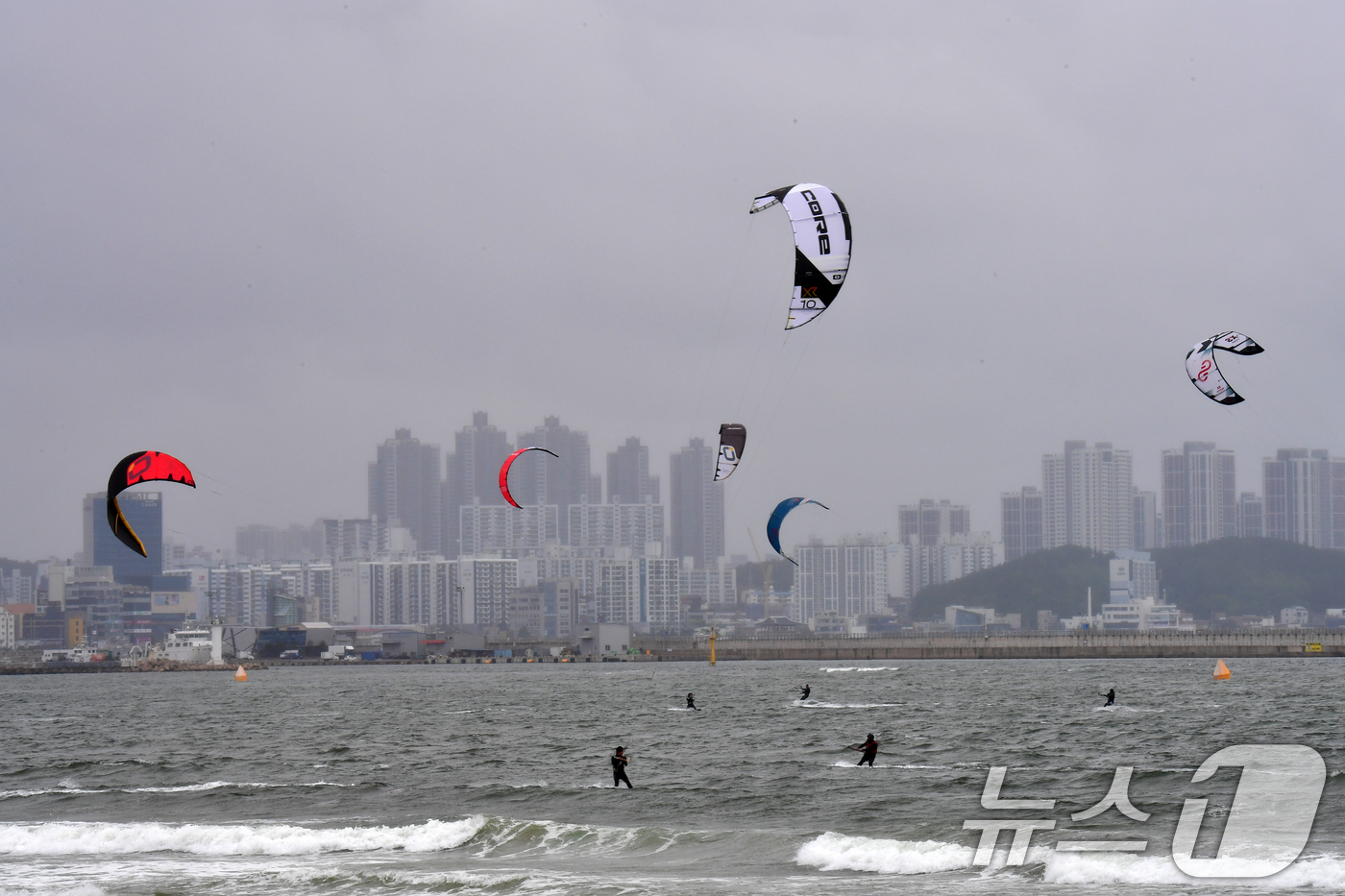 (포항=뉴스1) 최창호 기자 = 24일 오후 경북  포항시 송도해수욕장에서 카이트보드 동호인들이 바람을 가르며 수면 위를 질주하고 있다. 2025.5.24/뉴스1