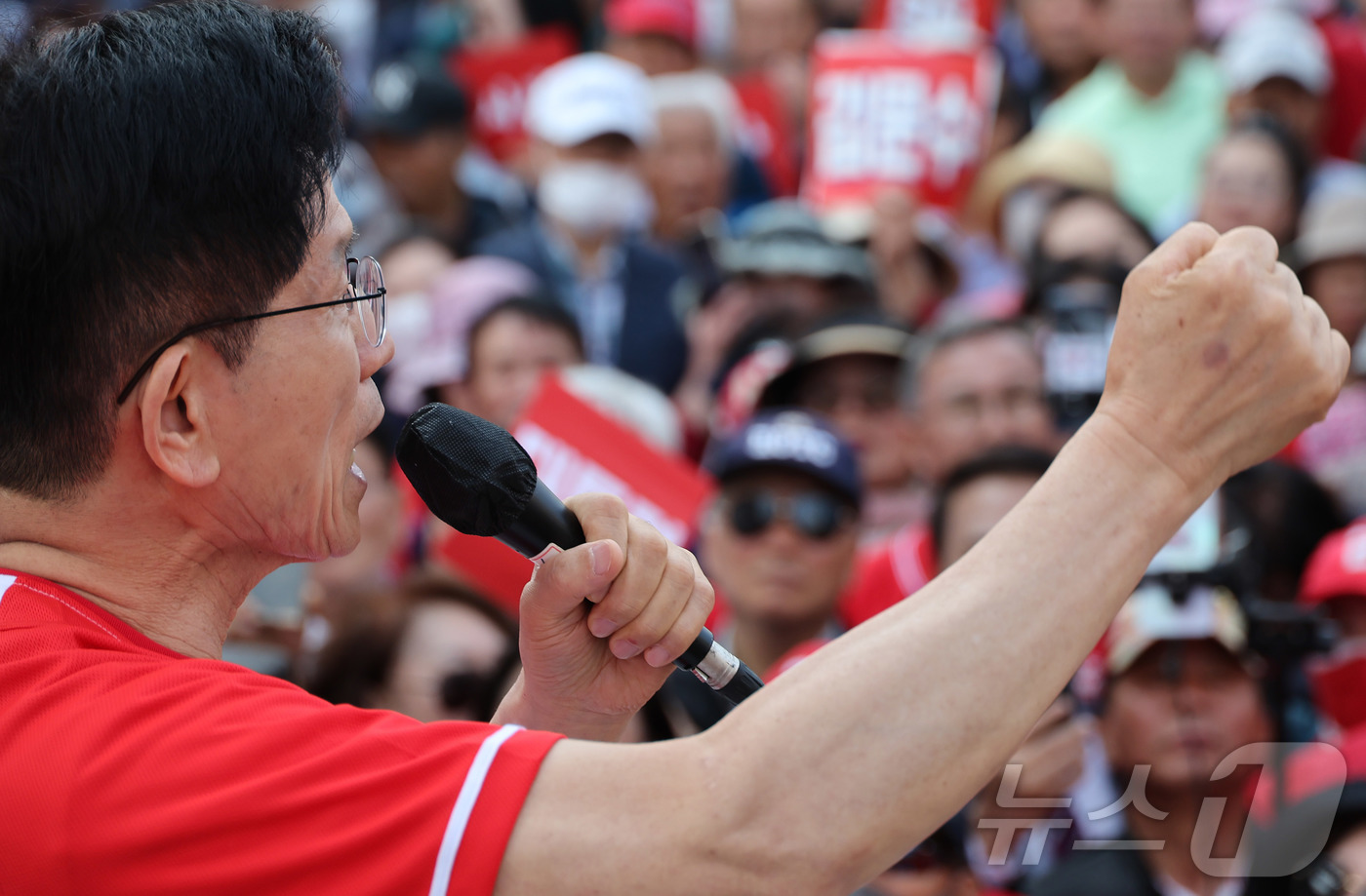 (서산=뉴스1) 김민지 기자 = 김문수 국민의힘 대통령 후보가 25일 오후 충남 서산시 중앙통 로데오거리에서 집중유세를 하고 있다. (공동취재) 2025.5.25/뉴스1