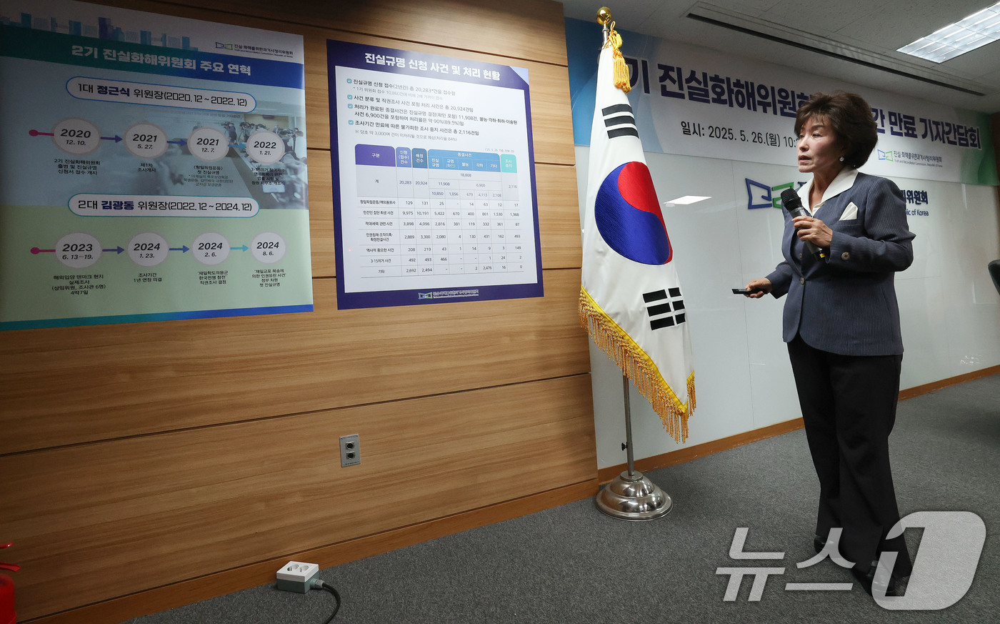 (서울=뉴스1) 박세연 기자 = 박선영 진실화해위 위원장이 26일 서울 중구 진실·화해를위한과거사정리위원회(진화위)에서 열린 2기 진화위 조사기간 만료 기자간담회에서 진실규명 신청 …