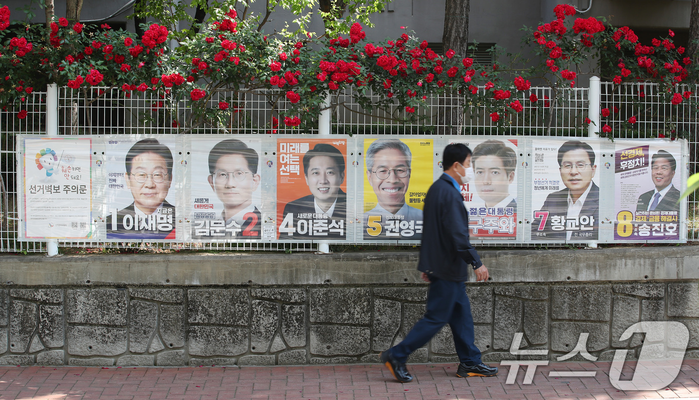 (대구=뉴스1) 공정식 기자 = 제21대 대통령선거 사전투표가 사흘 앞으로 다가온 26일 대구 중구 남산동 한 아파트 울타리 장미꽃 아래 붙은 후보자들의 선거 벽보 앞을 시민들이 …