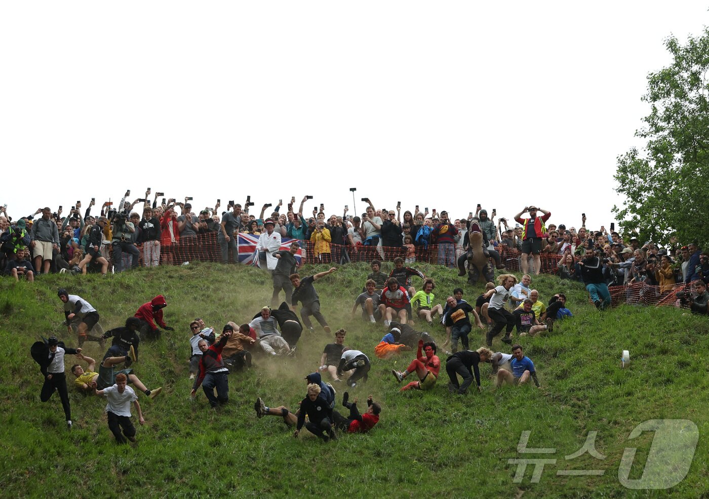 본문 이미지 - 26일(현지시간) 영국 브록웍스의 쿠퍼스 힐에서 열린 '구르는 치즈 잡기' 대회에서 참가자들이 치즈를 쫒아 언덕을 내려가다 구르고 있다.  ⓒ 로이터=뉴스1