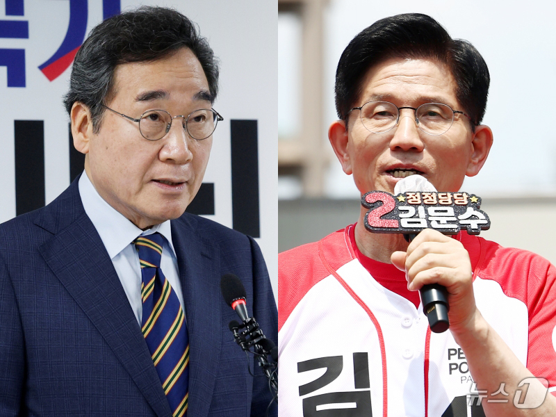 (서울=뉴스1) 안은나 기자 = 이낙연 새미래민주당 상임고문(왼쪽)이 27일 서울 여의도 당사에서 김문수 국민의힘 대통령 후보와의 개헌·공동정부 연대와 김 후보 지지를 선언하며 기 …