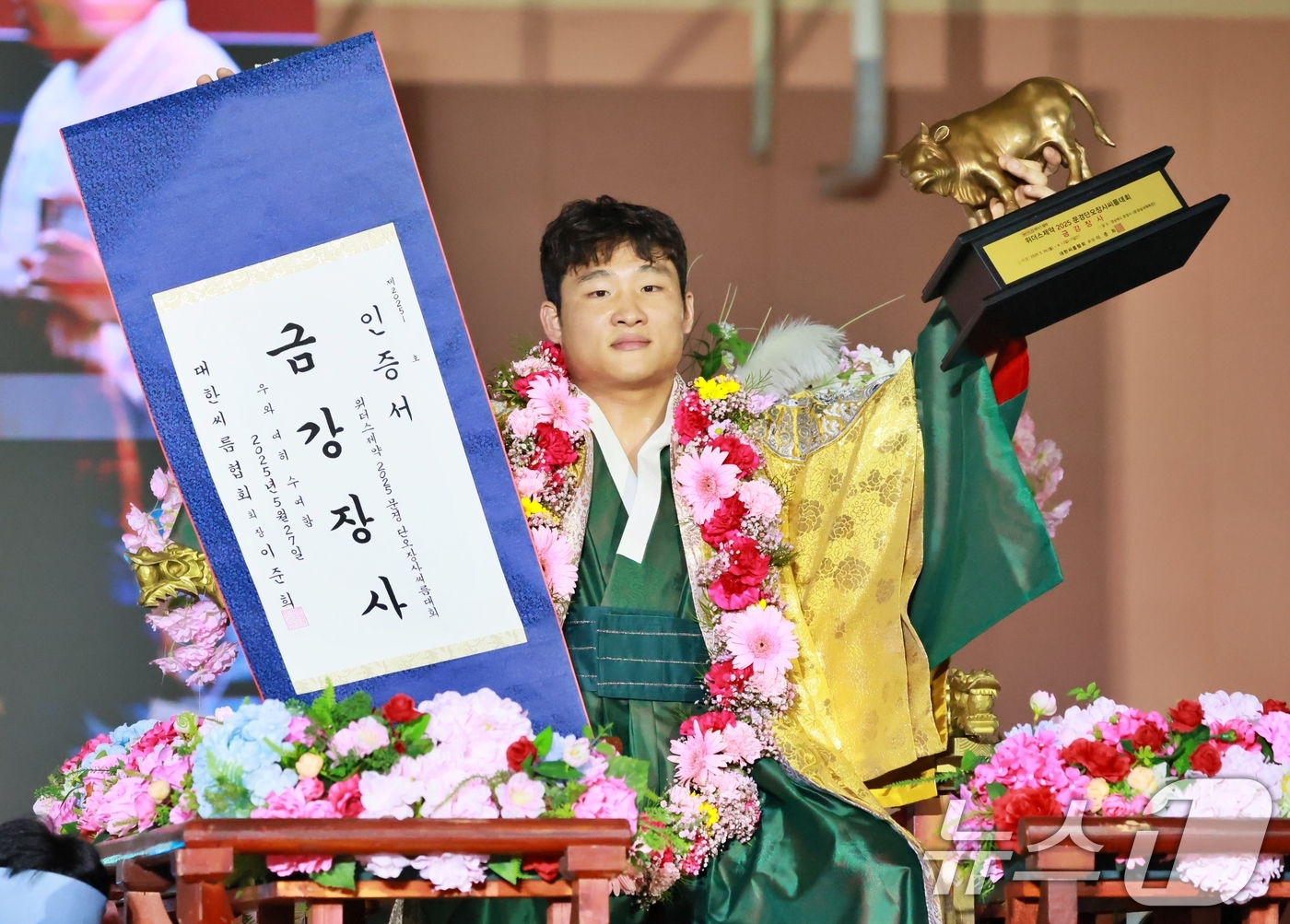 (서울=뉴스1) = 27일 경북 문경실내체육관에서 열린 '위더스제약 2025 문경단오장사씨름대회'에서 금강장사에 등극한 김기수(수원특례시청)가 장사꽃가마를 타고 장사인증서와 황소트 …