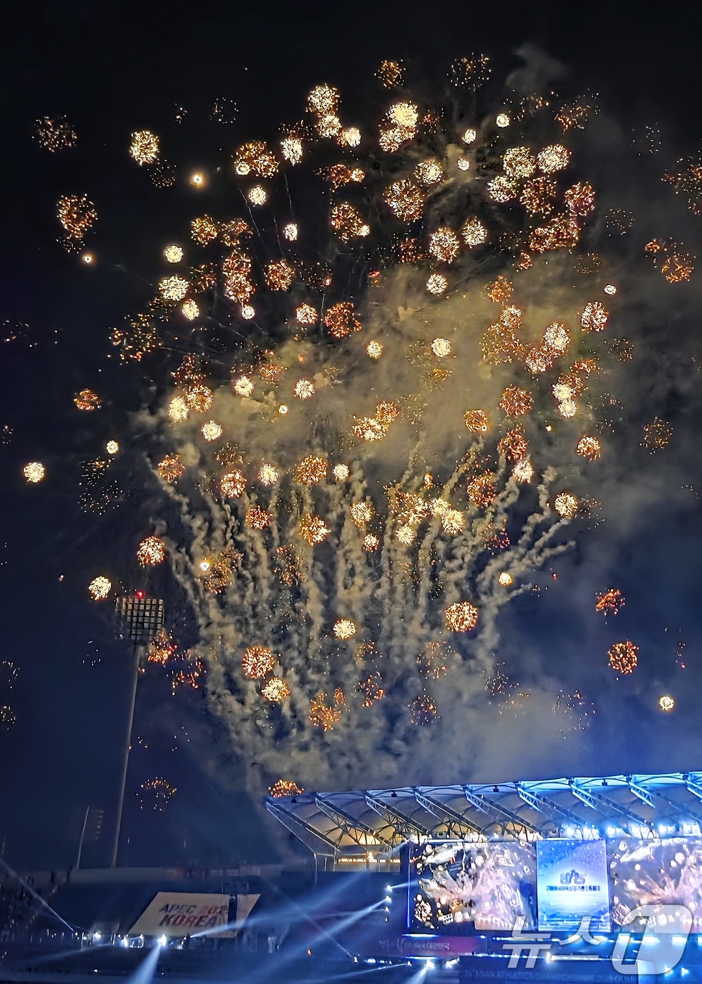 (구미=뉴스1) 정우용 기자 = 27일 열린 아시아육상경기선수권대회 개막식에서 불꽃쇼가 펼쳐지고 있다.43개국, 선수단 1193 명, 국제연맹 임원, 심판, 언론인 등 2000여 …