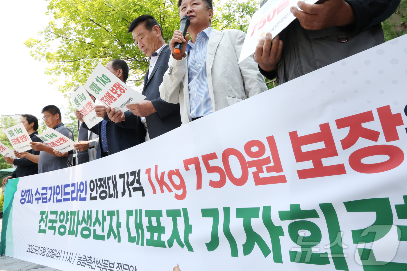 (세종=뉴스1) 김기남 기자 = 전국양파생산자협회 회원들이 28일 오전 세종시 농림축산식품부 앞에서 기자회견을 열고 양파 가격의 1kg 750원 보장을 요구하고 있다. 2025.5 …