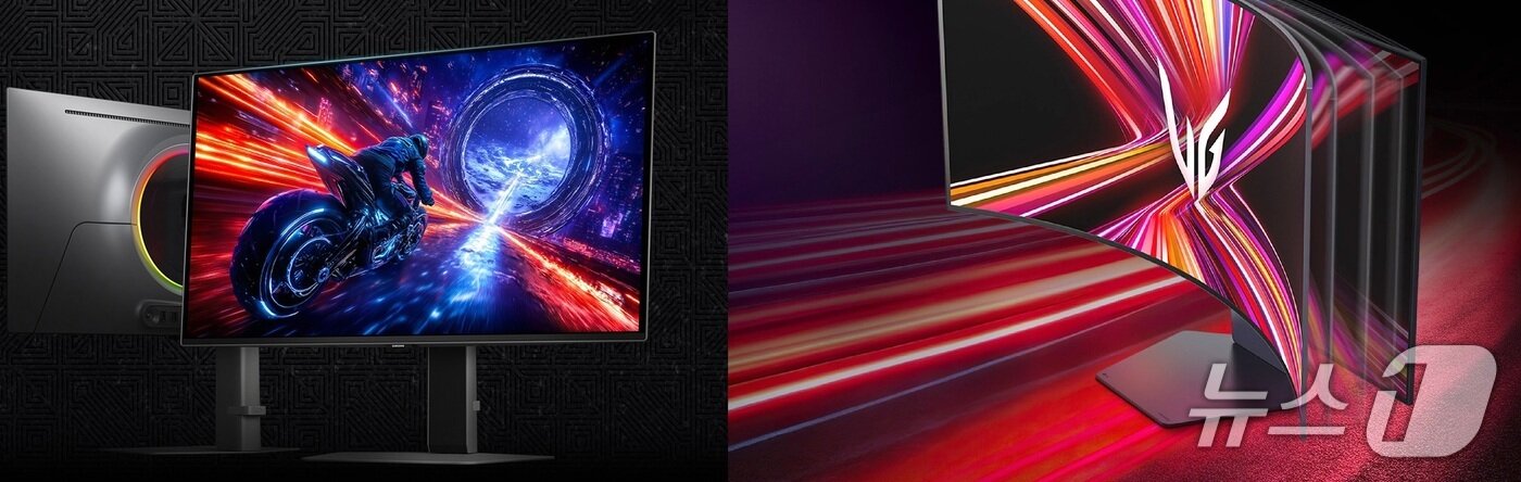 본문 이미지 - 삼성전자 게이밍 모니터 &#39;오디세이 OLED G6&#39;&#40;왼쪽&#41;, LG전자 5K2K 해상도를 지원하는 OLED 벤더블 모니터.&#40;각사 제공&#41;