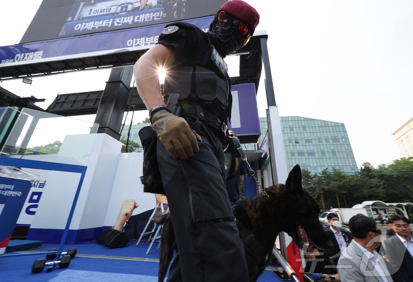 (서울=뉴스1) 이재명 기자 = 28일 오후 서울 광진구 어린이대공원에서 열린 이재명 더불어민주당 대통령 후보 유세에 앞서 경찰특공대 탐지견이 단상을 탐색하고 있다. (공동취재) …