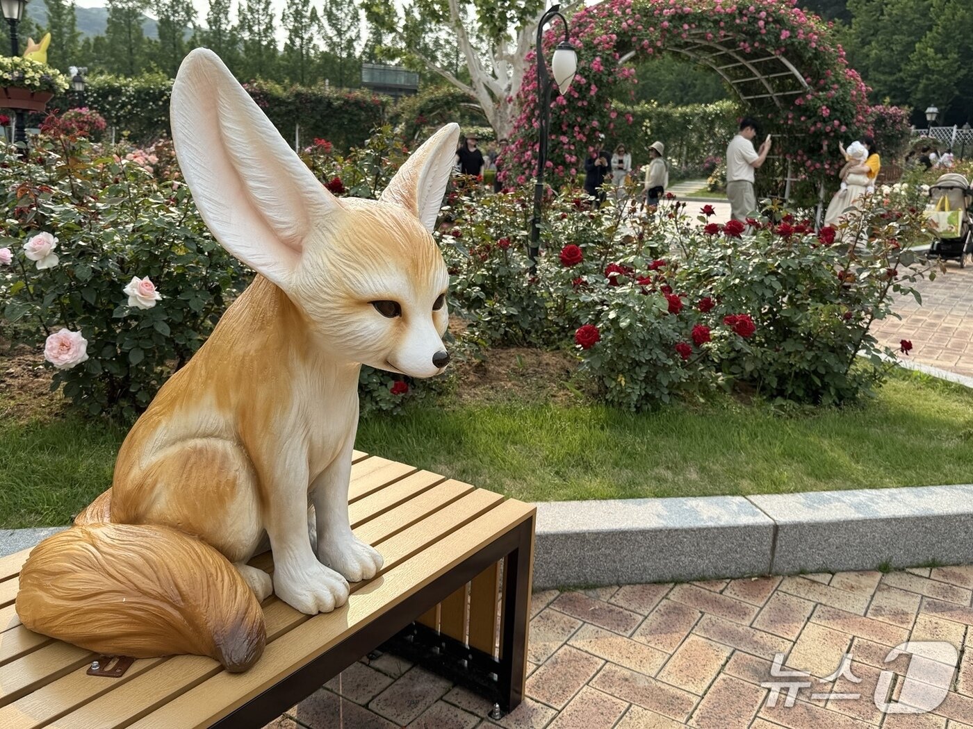 본문 이미지 - 에버랜드 장미축제의 메인 캐릭터인 사막여우 조형물이 장미원에 설치된 모습. ⓒ 뉴스1 김형준 기자