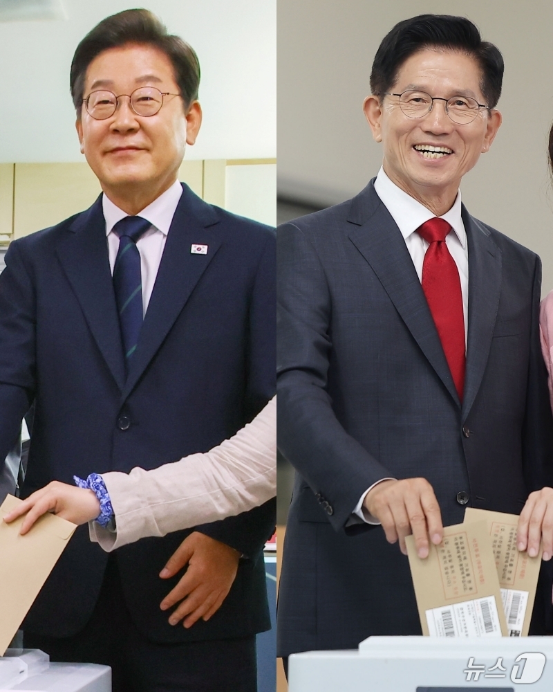 (서울·인천=뉴스1) 안은나 기자 = 이재명 더불어민주당 대통령 후보(왼쪽)와 김문수 국민의힘 대통령 후보가 제21대 대통령선거 사전투표 첫날인 29일 오전 각각 서울 서대문구 구 …