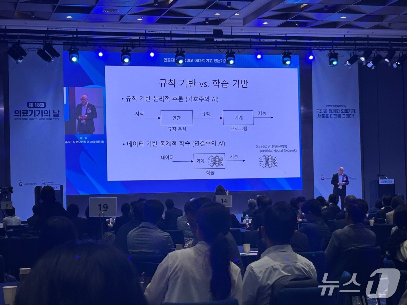 본문 이미지 -  정송 KAIST AI연구원장 겸 AI대학원장이 29일 서울 강서구 코엑스 마곡 컨벤션센터에서 열린 '제18회 의료기기의 날' 기념식에서 '인공지능, 무엇이고 어디로 가고 있는가?'란 주제로 기조연설을 진행하고 있다. 2025.5.29/뉴스1 ⓒ News1 문대현 기자