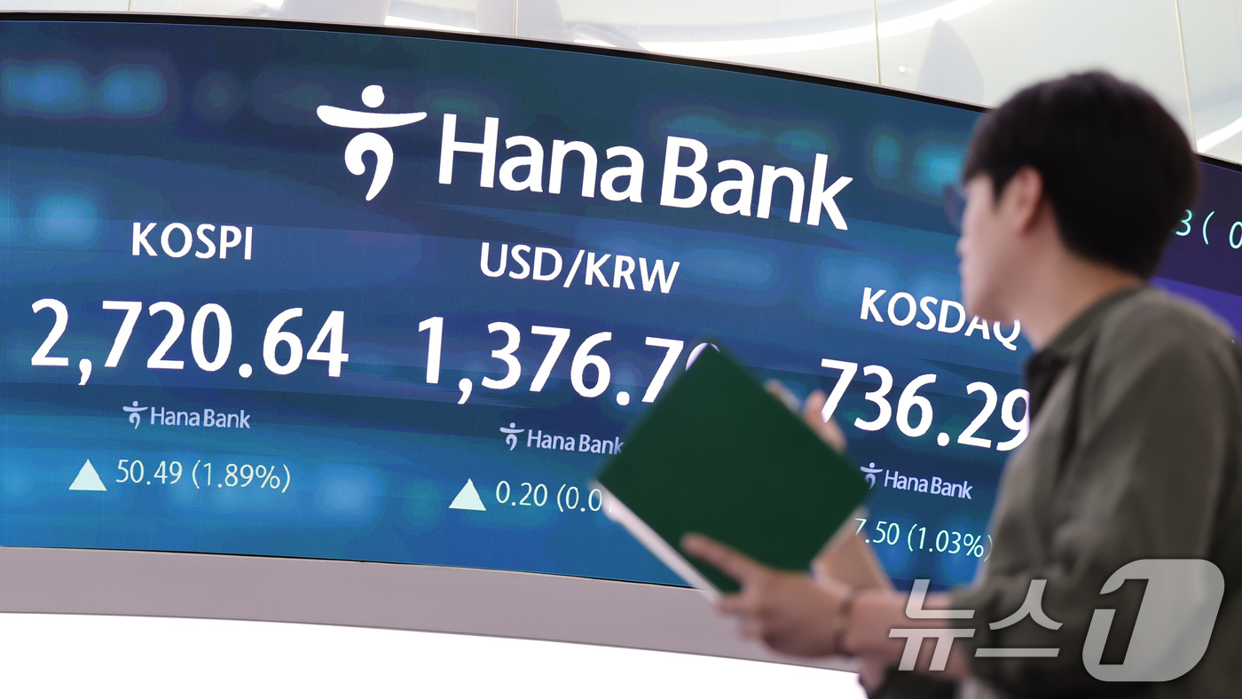 (서울=뉴스1) 장수영 기자 = 29일 서울 중구 하나은행 딜링룸에 코스피, 코스닥 종가와 환율 시황이 표시되고 있다.코스피는 전날 종가와 비교해 50.49포인트(p)(1.89%) …